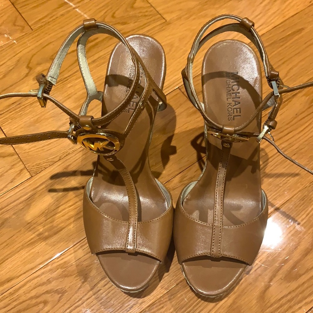 Michael Kors brown wedge sandals with ankle straps